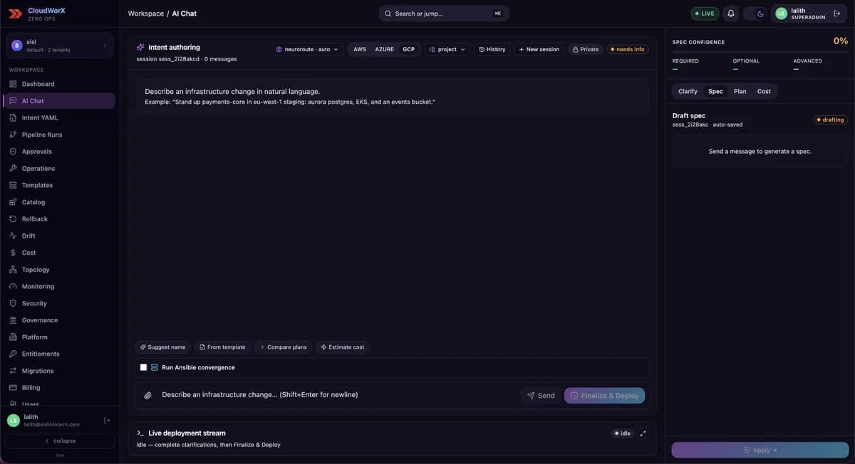 ZeroOps AI Chat: natural-language prompt on the left, live draft spec with confidence and clarifications on the right