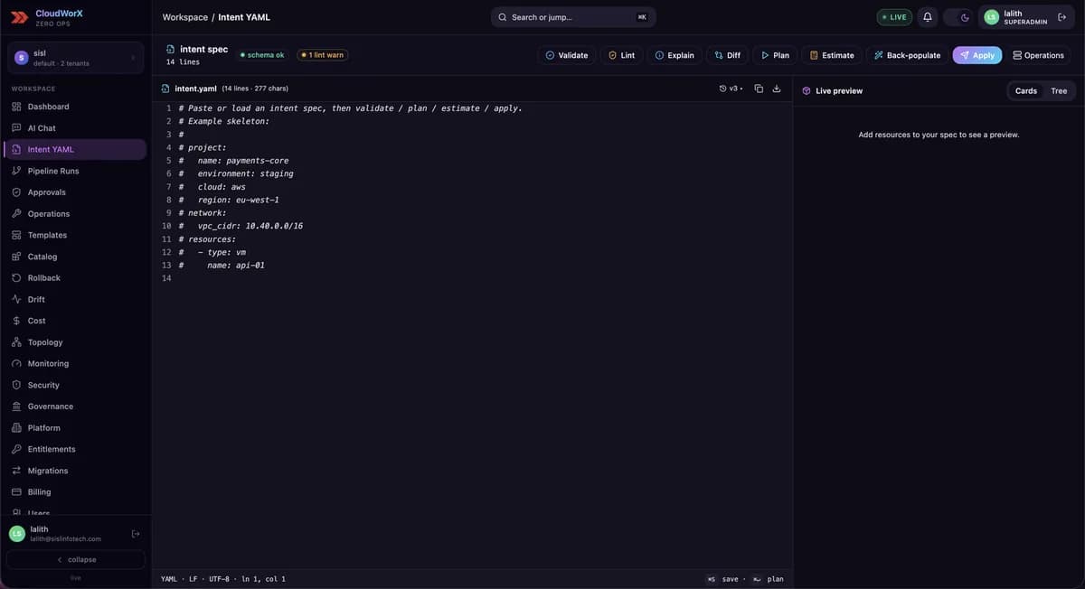 ZeroOps Intent YAML editor with validate, lint, explain, diff, plan, estimate and apply actions