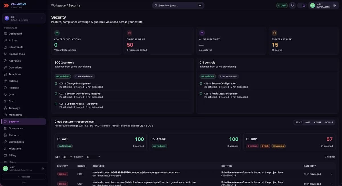 ZeroOps security page: control violations, compliance coverage for SOC 2 and CIS, and per-cloud posture scores with findings
